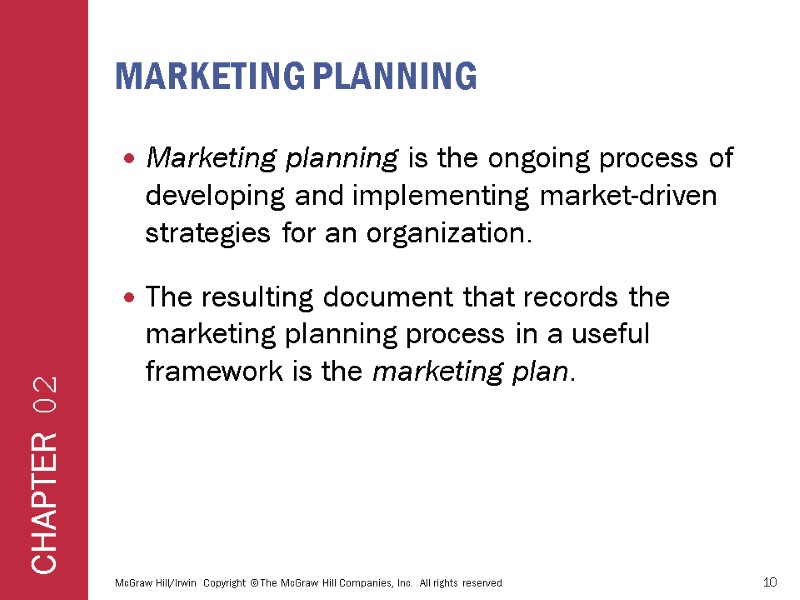 Marketing Planning Marketing planning is the ongoing process of developing and implementing market-driven strategies